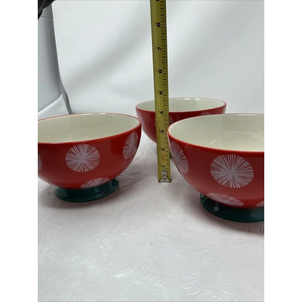Pioneer Woman Red Starburst Large Cereal Bowls Footed Set of 3